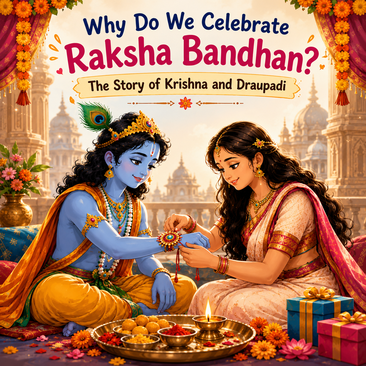 Krishna and Draupadi Raksha Bandhan story illustration for kids