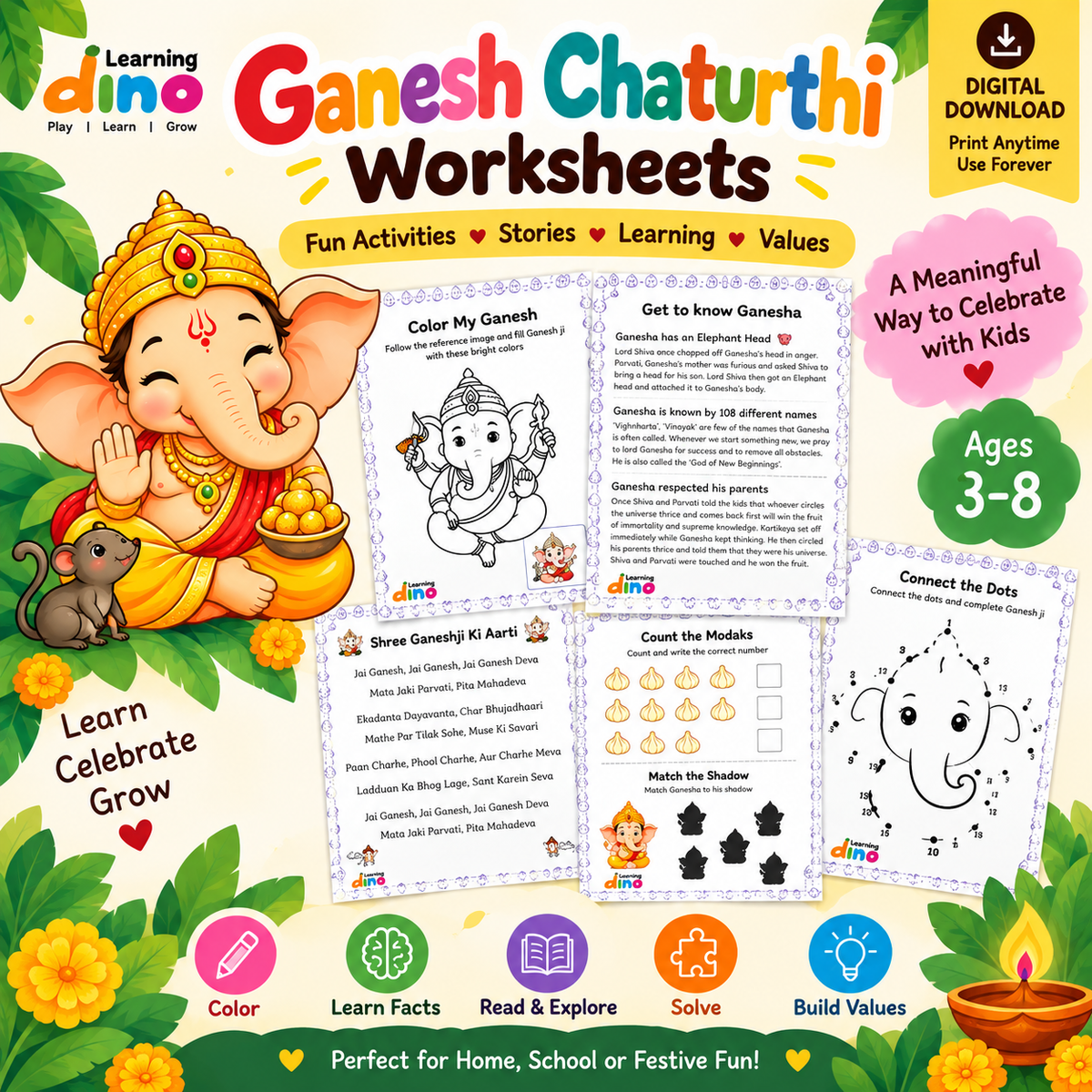 Ganesh Chaturthi Worksheets for Kids (Ages 3–8) | 11 Printable Activity Pages | Digital Download | Coloring, Puzzles, Counting & Festival Learning