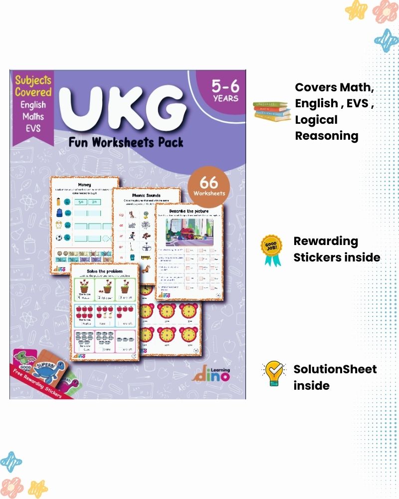 UKG and LKG worksheets combo – 128 Worksheets + Sticker Sheets (English, Maths, EVS)