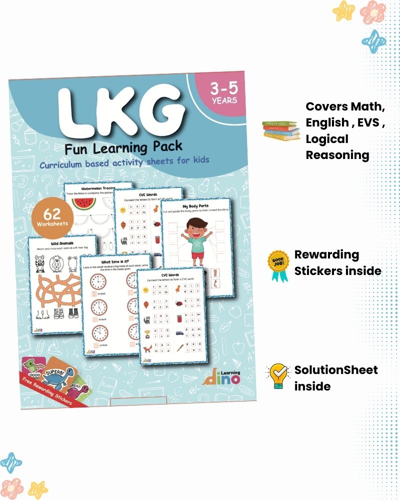UKG and LKG worksheets combo – 128 Worksheets + Sticker Sheets (English, Maths, EVS)