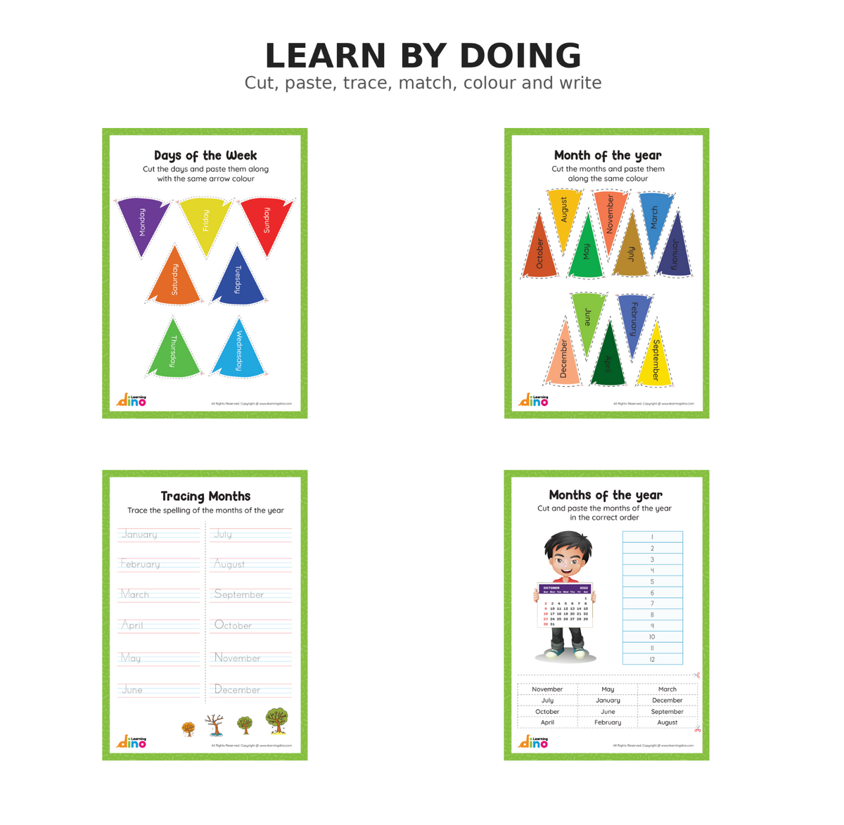 Months, Days & Seasons Activity Workbook for Kids | 25 Fun Learning Worksheets | Days of the Week, Months, Seasons & Weather | Cut, Paste, Trace, Match & Colour