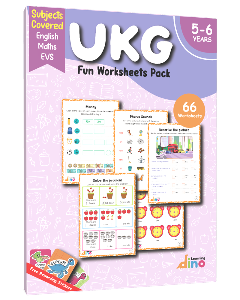 UKG and LKG worksheets combo – 128 Worksheets + Sticker Sheets (English, Maths, EVS)