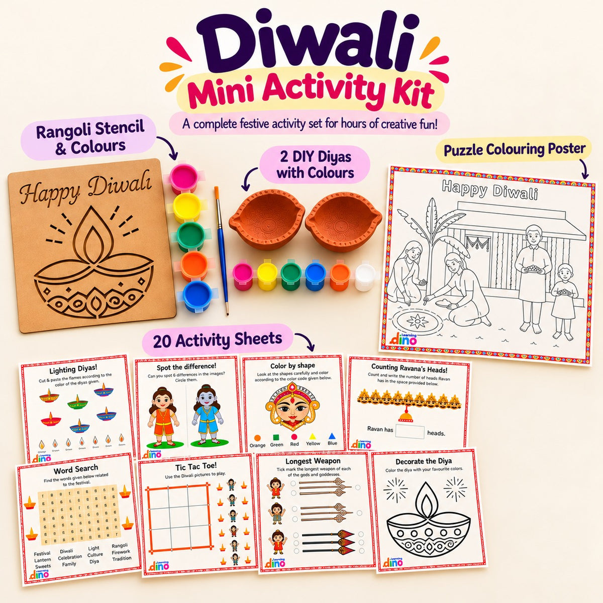 Learning Dino Diwali Mini Activity Kit for Kids | Rangoli Stencil with Colours, 2 DIY Clay Diyas, 20 Festive Activity Sheets & Puzzle Colouring Poster | Diwali Crafts and Screen-Free Fun