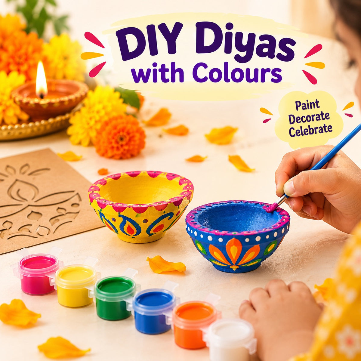 Learning Dino Diwali Mini Activity Kit for Kids | Rangoli Stencil with Colours, 2 DIY Clay Diyas, 20 Festive Activity Sheets & Puzzle Colouring Poster | Diwali Crafts and Screen-Free Fun