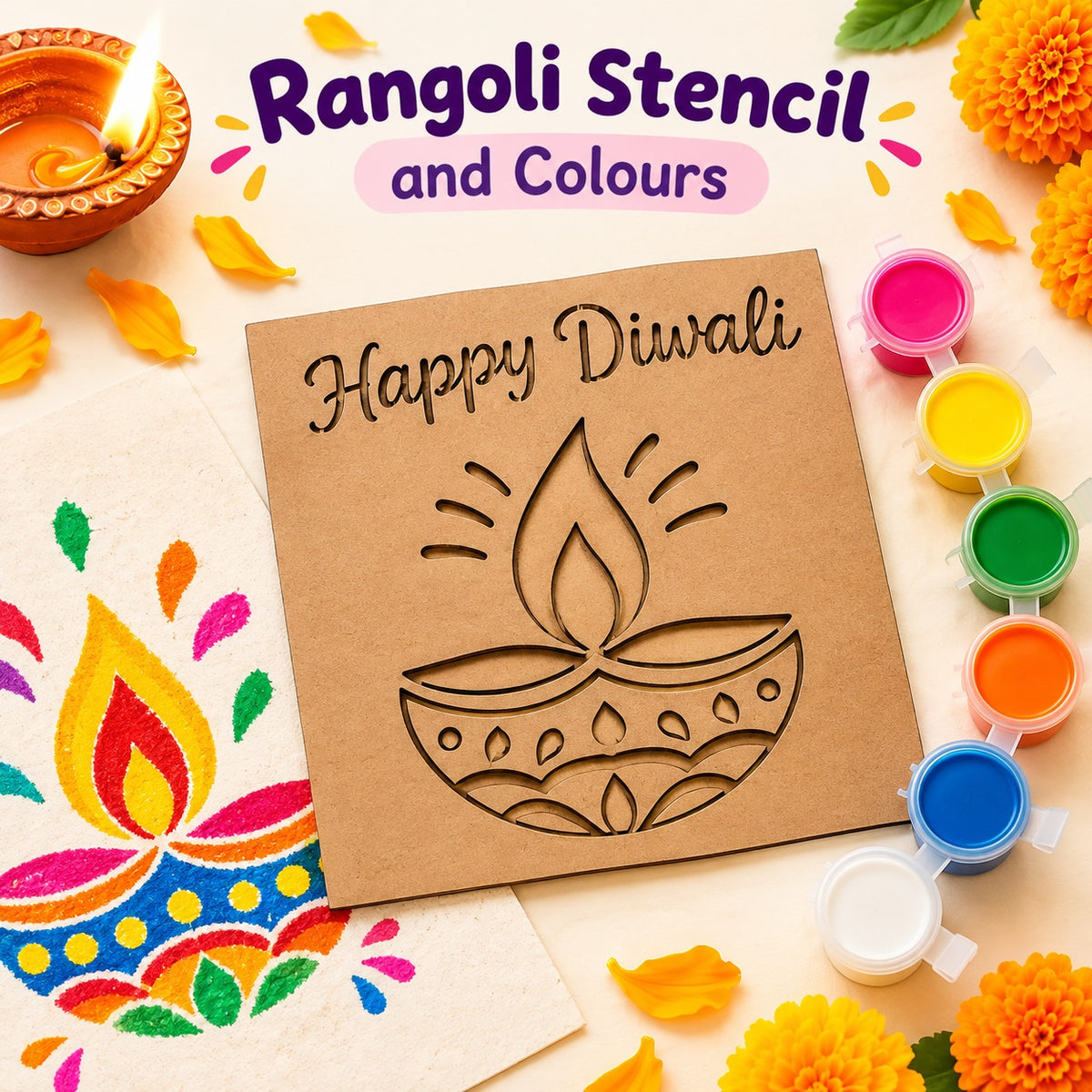 Learning Dino Diwali Mini Activity Kit for Kids | Rangoli Stencil with Colours, 2 DIY Clay Diyas, 20 Festive Activity Sheets & Puzzle Colouring Poster | Diwali Crafts and Screen-Free Fun