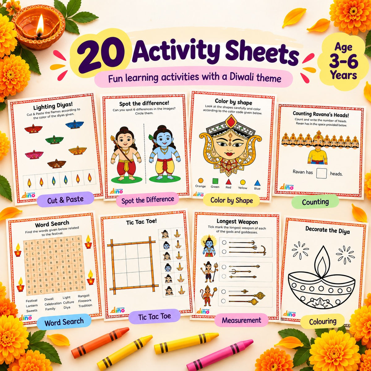 Learning Dino Diwali Mini Activity Kit for Kids | Rangoli Stencil with Colours, 2 DIY Clay Diyas, 20 Festive Activity Sheets & Puzzle Colouring Poster | Diwali Crafts and Screen-Free Fun