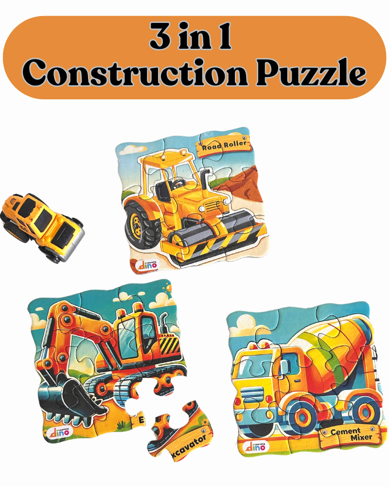 3-in-1 Construction Vehicles Puzzle – Road Roller, Excavator & Cement Mixer | Fun & Educational Puzzle for Kids