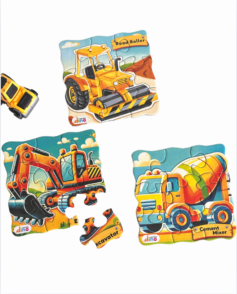 3-in-1 Construction Vehicles Puzzle – Road Roller, Excavator & Cement Mixer | Fun & Educational Puzzle for Kids