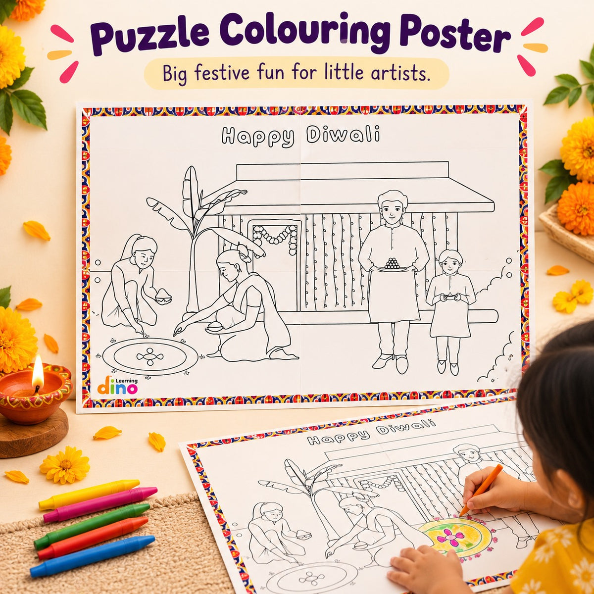 Learning Dino Diwali Mini Activity Kit for Kids | Rangoli Stencil with Colours, 2 DIY Clay Diyas, 20 Festive Activity Sheets & Puzzle Colouring Poster | Diwali Crafts and Screen-Free Fun